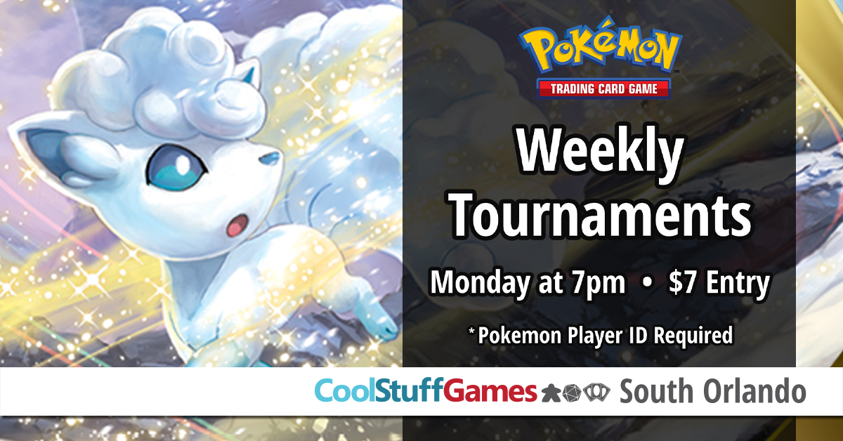 Pokemon Trading Card Game Weekly Tournaments. Monday at 7PM. $7 Entry. Pokemon Player ID required.