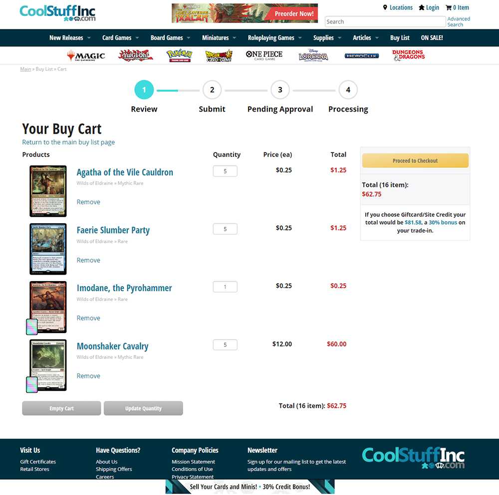 A screenshot of a Buy Cart from CoolStuffInc.com